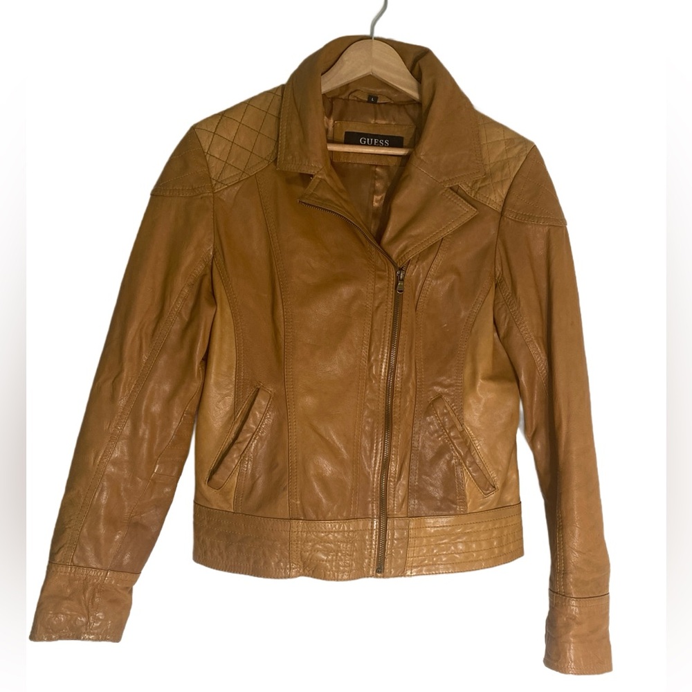 Guess Womens Tan Camel Soft Leather Moto Motorcyle Zip‎ up Leather Bomber Jacket